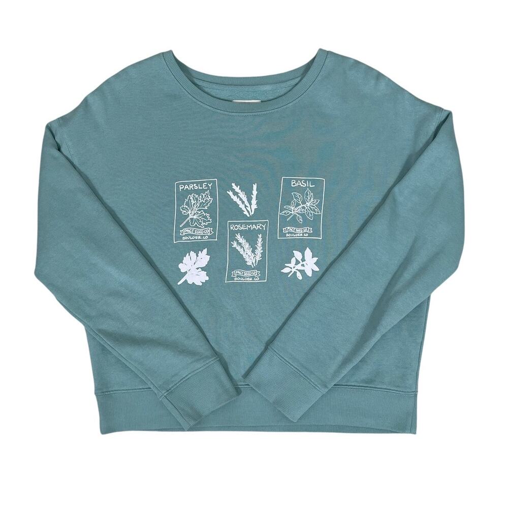 Pact Organic Cotton Herb Graphic Slouchy Sweatshirt Green Sz S Eco Chic Nature